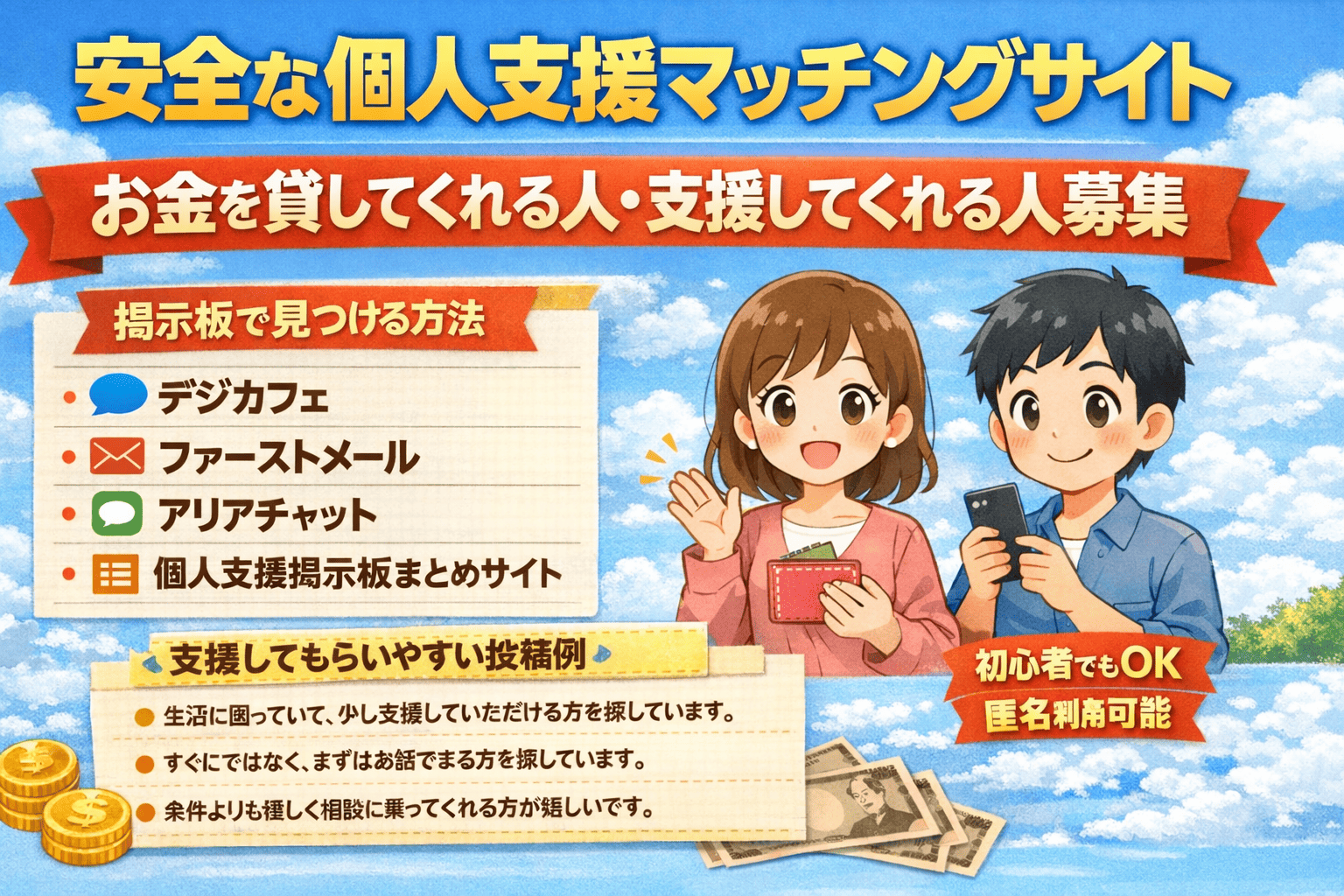 誰かお金を貸してくれたりもらえたりしたいなら安全な個人支援マッチングサイトは？